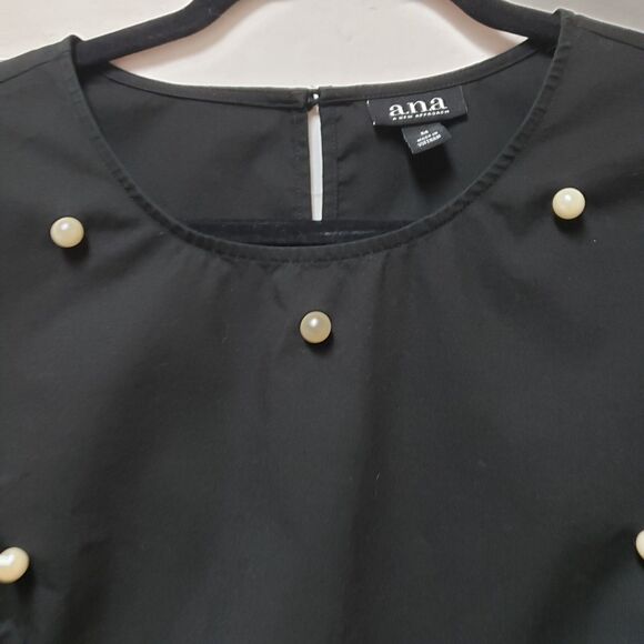 a.n.a Women’s Black Cotton Formal Top White Pearl Accents, Bell Sleeve Sz M NWOT - Picture 7 of 8